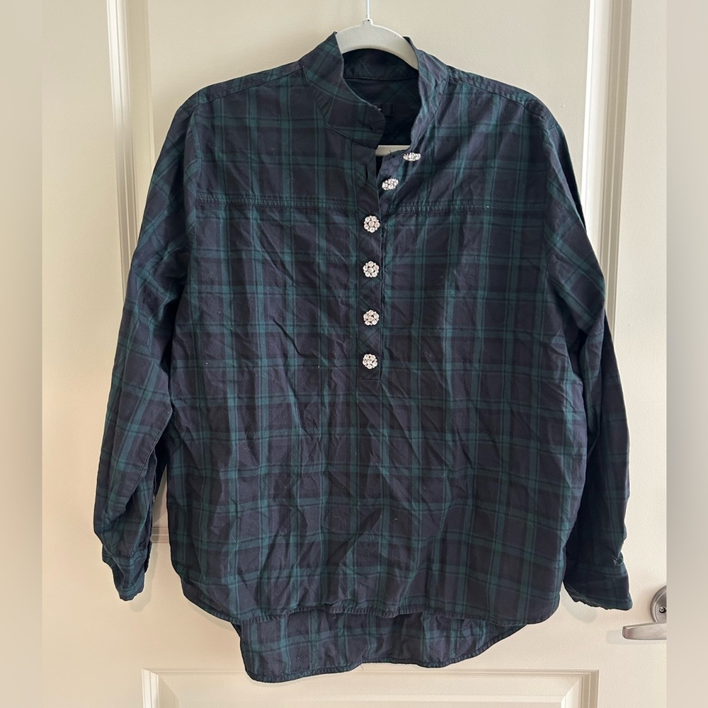 J. Crew size 12 Green Blue Tartan Plaid Shirt with Jewel buttons three quarter